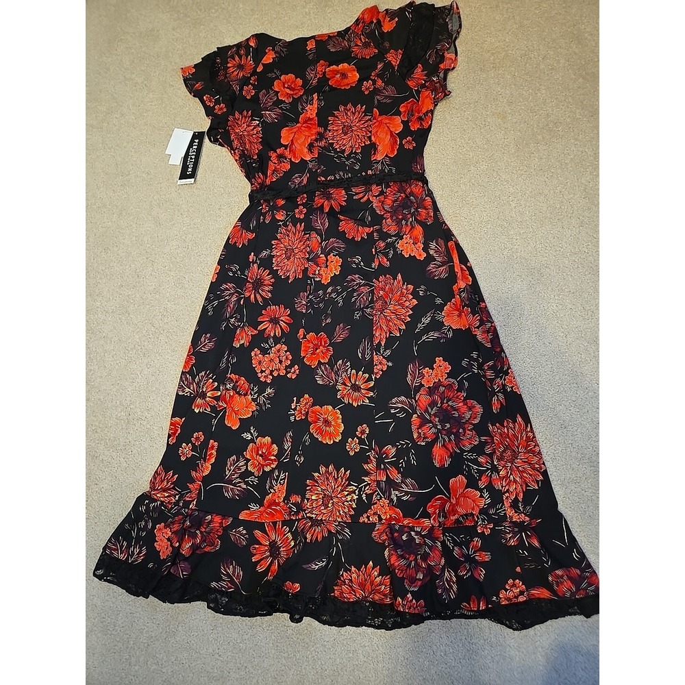 NWT Perceptions Short Sleeve Floral Midi Fit Flare Lace  Dress Sz L Black Red - Picture 13 of 13